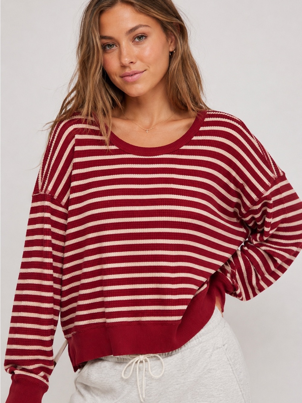 Aerie OFFLINE Waffle Knit Oversized Red and Pink Striped Top/Sweater Size Small